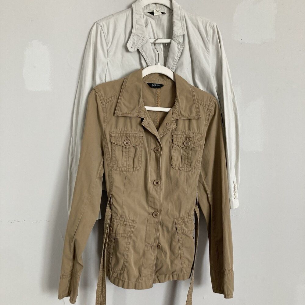 J. Crew Factory (2) Jackets LARGE Cargo Utility Cotton Tan Ivory Gilmore Girls